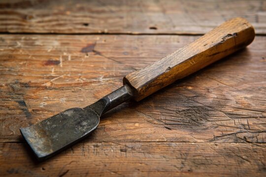 Vintage woodworking gouge with worn wooden handle lying on scratched wooden workbench, showcasing craftsmanship and history - Powered by Adobe