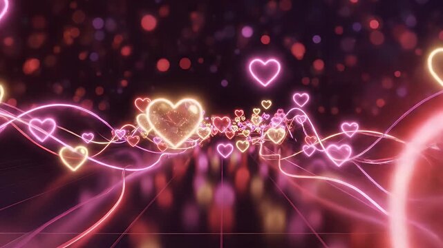 Glowing Hearts Abstract Background - A dreamy abstract background showcasing an array of neon pink and gold hearts interconnected by flowing lines.