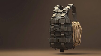 Tactical gear with adjustable straps, durable fabric, attached rope, and intricate buckle systems displayed on a neutral backdrop for promotional uses