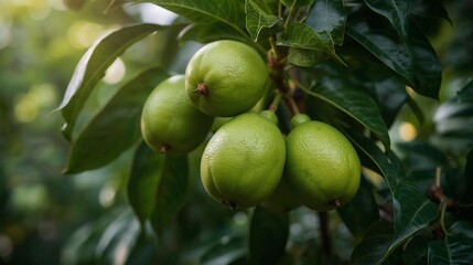 Fresh green apples ripen on a leafy tree branch in a sunny summer orchard, ready for a healthy organic harvest from the farm garden