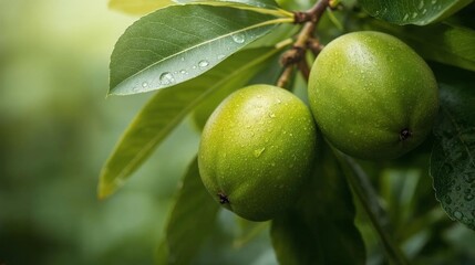 Fresh organic green apples and citrus lime fruit ripening on a leafy branch in a lush summer garden