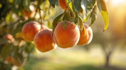 Fresh organic apricots and sweet fruits ripen on a green leafy branch in a sunny summer garden orchard during the healthy harvest season