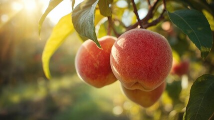 Fresh ripe apricots hang from an organic tree branch among green leaves in a sunny summer orchard garden, ready for a healthy autumn harvest of sweet fruit