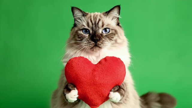 Ragdoll Cat Holding Red Heart - A fluffy ragdoll cat sits with a slightly grumpy expression against a solid green backdrop. The cat is holding a plush, red heart with its front paws.