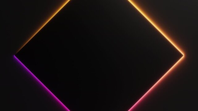 Red orange neon light is moving around black rhombus frame on dark background. Seamless border cycling glow animation