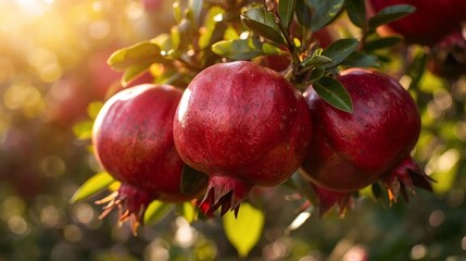 Ripe red organic apples hang from a leafy branch in a lush autumn orchard garden ready for a fresh healthy harvest