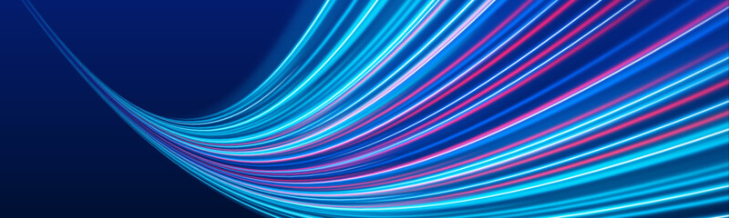 Glowing blue, purple neon laser streaks move across dark city roads at night. Light trail waves, energy swirls, and motion lines create high-speed traffic visuals. Vector illustration. © Ole moda