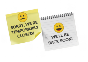 Temporary closed and back soon signs on black notice isolated on a transparent background
