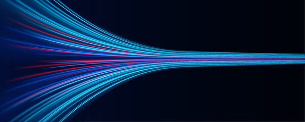 Futuristic blue neon laser lines ripple along urban streets at night. Motion purple trails, glowing energy waves, and swirling lines illustrate dynamic traffic speed in the dark. Vector illustration. © Ole moda