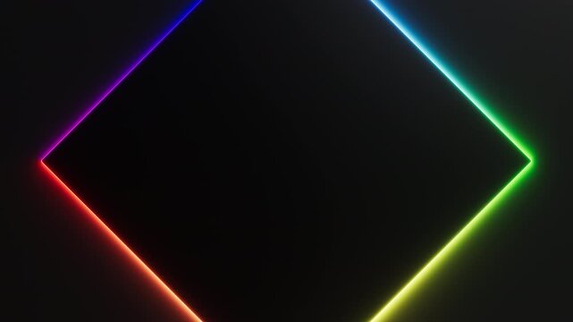 Rainbow colored neon light is moving around black rhombus frame on dark background. Seamless border cycling glow animation