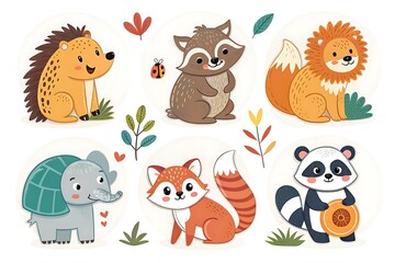 Fototapeta premium Group of cartoon animals including a raccoon, a fox, a bear, a giraffe, a lion