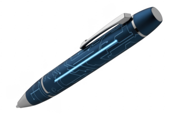 Blue Pen with Circuit Board silver clip white tip technology isolated on a transparent background