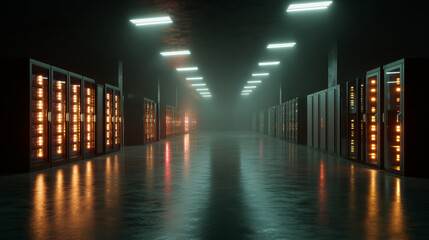 Server Racks and Cabinets full of Hard Drives inside Large Data Center. Advanced Cloud Computing Concept. AI-powered data center, glowing servers, sleek minimal design, futuristic atmosphere