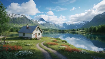 Obraz premium Mountain House by River in Peaceful Natural Landscape