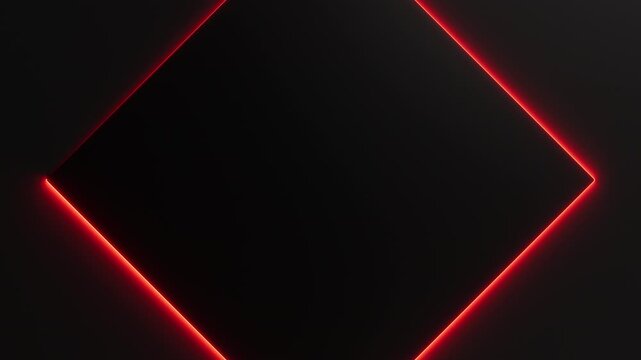 Red neon light is moving around black rhombus frame on dark background. Seamless border cycling glow animation