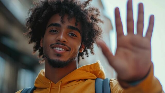 Young man with dreadlocks in backpack, smiling at camera