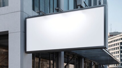 Blank billboard on a modern commercial building facade, showcasing an empty advertisement space for potential marketing opportunities in a vibrant urban setting.