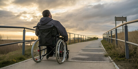 Banner. Back view of a man in a wheelchair with a physical disability and mobility disorder. He is outdoors.