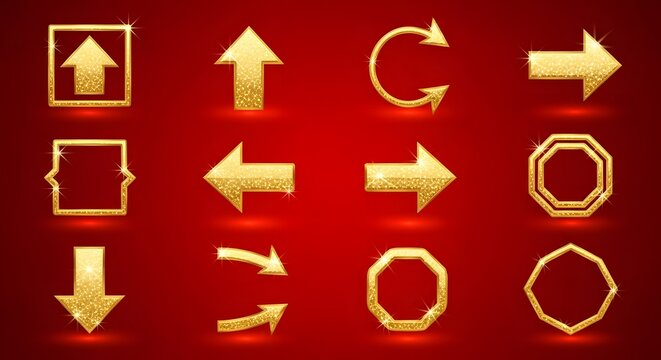 A diverse set of glittering golden arrow icons and polygonal frame shapes are displayed against a vivid red backdrop, ideal for representing navigation, choices, and abstract concepts.