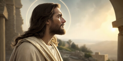 Side view. Jesus Christ, The savior of mankind. Copy space.