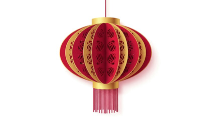 A vibrant red and gold Chinese New Year lantern with intricate designs and tassel hangs against a clean white background in a vector illustration. © Hadi