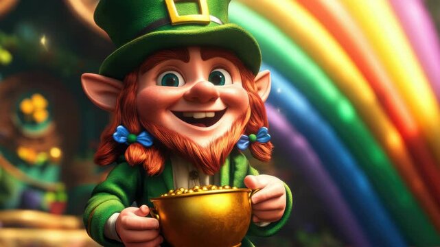 Happy St. Patrick's Day celebration with a leprechaun holding a golden pot of gold and a four-leaf clover.