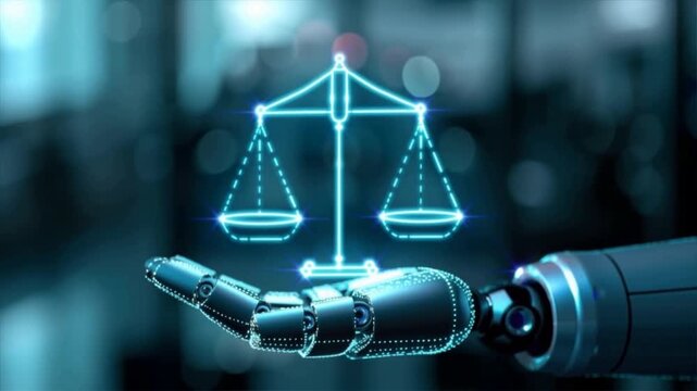 A robotic hand holding a digital scale symbolizing justice and technology integration in law.