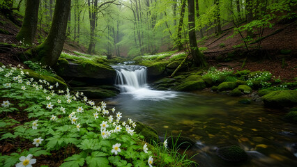 Obraz premium Alpine Valley Meadow at Sunrise: River, Wildflowers, and Snow-Capped Peaks