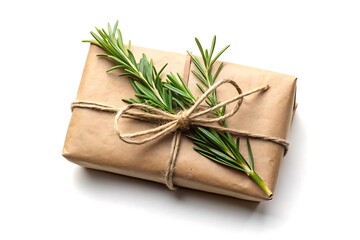 Brown paper box with a green ribbon and a green leaf on it