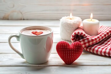 White mug with a heart on it sits on a wooden table
