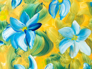 Fototapeta premium Abstract blue flowers on yellow and green background, original hand drawn, impressionism style, color texture, brush strokes of paint, art background.