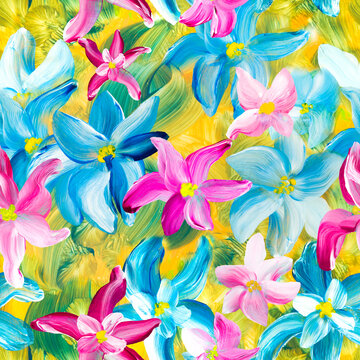 Seamless pattern of abstract blue and pink flowers, original hand drawn, impressionism style, color texture, art painting, creative hand painted art background, brush texture, acrylic.