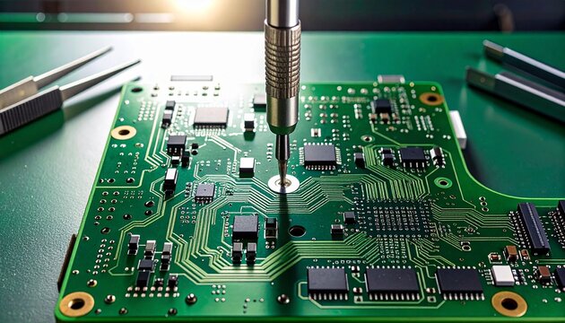 Precision electronics repair Close-up of a screwdriver working on a green circuit board with microchips and components