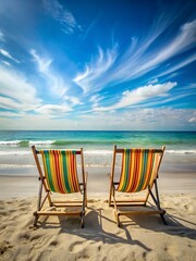Two beach chairs are on the beach
