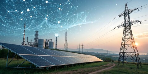 Solar panel is on a hillside next to a power line