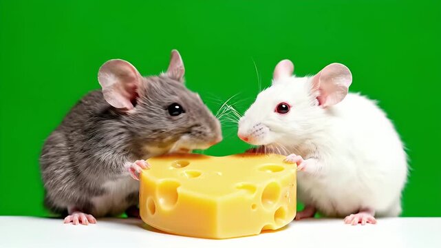 Two Mice and a Block of Cheese - A gray mouse and a white mouse are facing each other while grasping a yellow block of swiss cheese with their paws.
