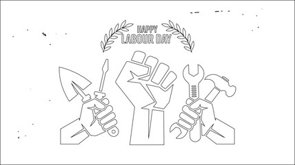 Fototapeta premium Happy Labour Day worker hands tools fist outline celebration