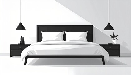 Luxury Minimalist Sleep Sanctuary with Symmetrical Bedside Tables and Black Pendant Lamps Interior Scene