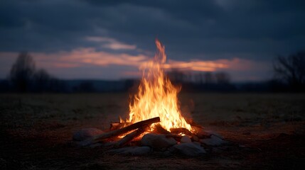 A warm bonfire glows under a dramatic twilight sky in a quiet rural field