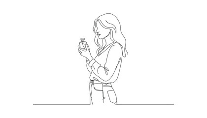 A woman is holding a bottle of perfume. She is looking at it with a smile on her face