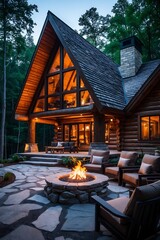 Log cabin with a fireplace and a stone patio