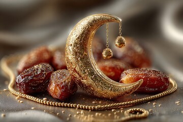 Golden crescent moon ornament with dates on elegant gold plate Ramadan
