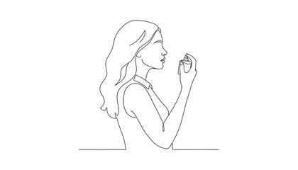 A woman is holding a bottle of perfume. She is praying. The perfume bottle is in her hand, in line art style