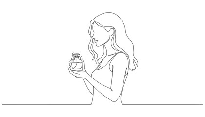 A woman is holding a bottle of perfume in line art drawing style