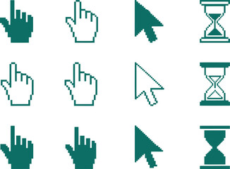 Set of Retro Pixel Art Computer Cursors, Hand Pointer and Hourglass Icons Vector Illustration