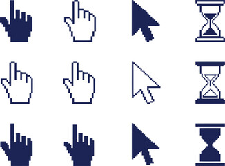Set of Retro Pixel Art Computer Cursors, Hand Pointer and Hourglass Icons Vector Illustration