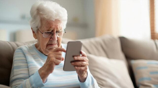 An elderly woman looks intently at her smartphone, expressing concern or confusion in a cozy living room setting.