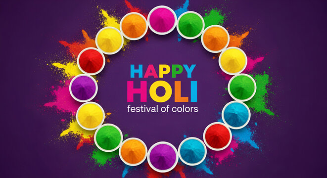 Image is a vibrant and colorful digital artwork celebrating the festival of Holi. It features a circular arrangement of small white bowls filled with brightly colored powders, including shades of yell