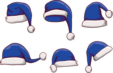 Set of Blue Santa Claus Hats in Various Positions and Angles, Christmas Cap Vector Illustration