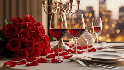 Romantic dinner setup with red roses, wine glasses, and candles on a table overlooking a cityscape at dusk with warm tones.